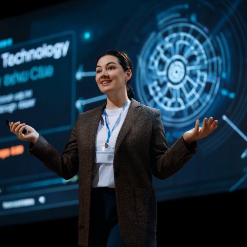 A woman is speaking on stage about the future of AI technologies.